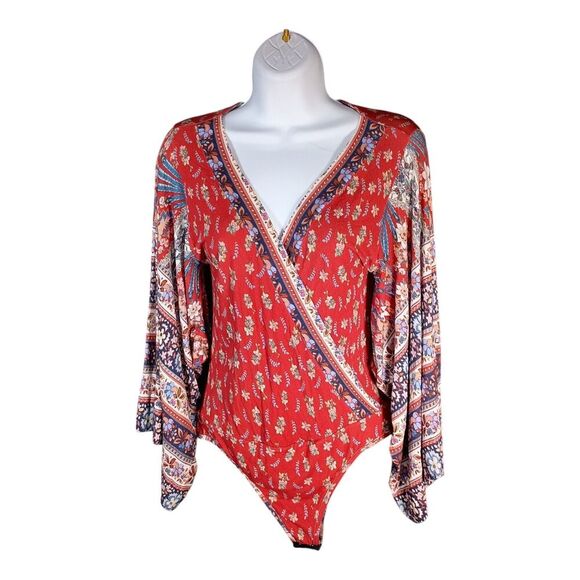 Farm Rio Bodysuit Long Sleeve V-Neck Faux Wrap Floral Boho Women's Small - Picture 1 of 5